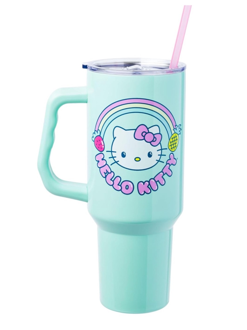 HELLO KITTY Mint Green Tumbler with Pink Straw and Pastel Rainbow.